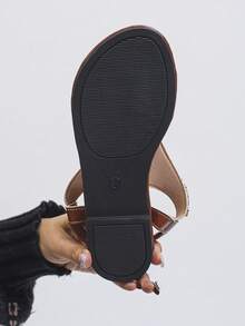 Women's Elastic Back Strap Rhinestone & Sequin Decorative Thong Sandals, Bohemian Rust Brown Summer Beach Flip Flops, Casual Daily Wear