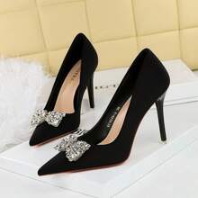 Zapatos de tacón alto de mujer con punta puntiaguda, lazo de mujer, abertura baja, zapatos sencillos, zapatos de mujer de satén