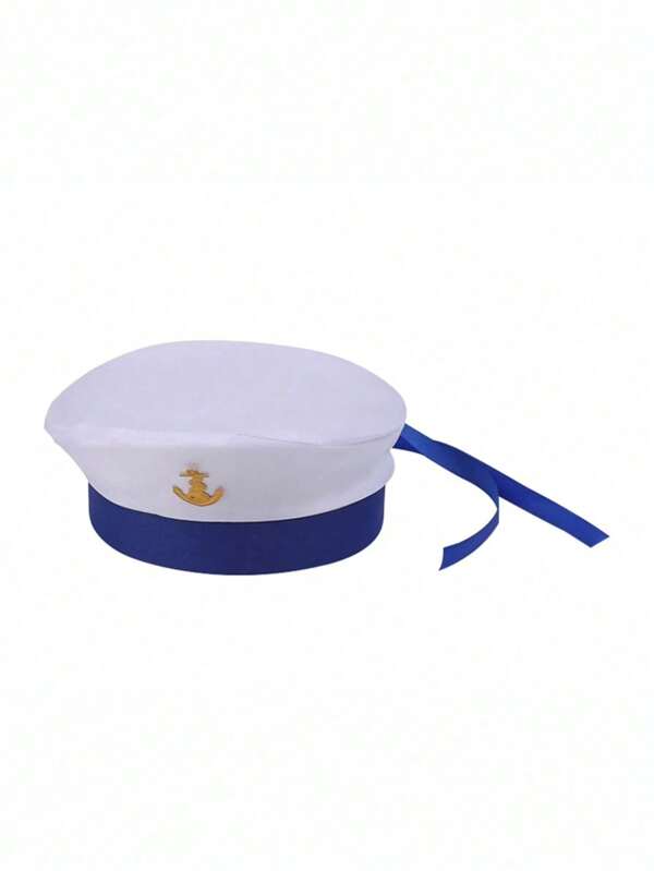1pc Flat Top Sailor Cap With White Embroidered Uniform Design, Party Celebration Hat, Stage Performance Sailor Hat