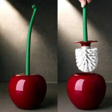 Cepillo de inodoro creativo con soporte, bol y mango largo, herramienta de limpieza del hogar para el baño, con base para almacenamiento y acabado, cerdas gruesas para una limpieza profunda, resistente a la oxidación y a las fugas - forma de cereza roja