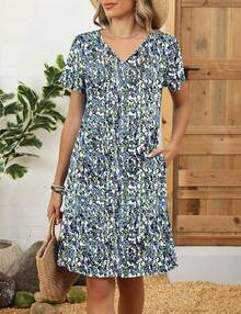 Vestido de verano para mujeres 2025 con mangas cortas, vestido estilo línea A con bolsillos - Blanco - Ver 5