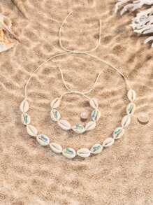 2 pièces/set Style de vacances balnéaire bohème, collier et bracelet set coquillage, coquillages dorés et roses faits main noués, convient pour les vacances ou les fêtes