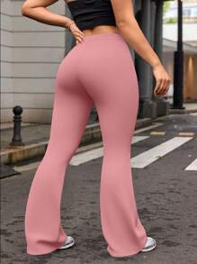 Pantalones deportivos de cintura alta y de campana para mujer talla grande, pantalones de compresión de unicolor para yoga, running y entrenamiento