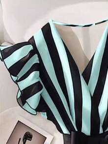 Sommerkleidung für Damen, französische Damenbekleidung, lässiges, kurzärmliges, gestreiftes Sommerhemd mit V-Ausschnitt, modisches, damenhaftes, tailliertes und elegantes Hemd mit Hutärmeldesign, damenhafte, modische Kleidung, süßes und elegantes Hemd zum Ausgehen, elegante Sommerkleidung für Damen, Damenoberteil zum 4. Juli - Grün - Übersicht 2