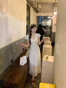 French Vacation Style V-Neck Waist-Cinched Dress, Women's New Summer Mix-Match Jacquard Atmosphere Elegant Long Dress