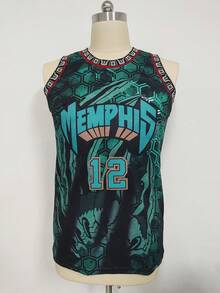 KTYSDE Áo bóng rổ nam số 12 màu xanh lá cây kiểu retro, in chữ Memphis và thêu, dáng rộng không tay, cổ tròn, thích hợp cho bóng rổ, thể thao, chạy bộ, thời trang đường phố, unisex, mùa xuân. - Màu xanh lá cây đậm - Xem 2