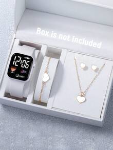 5/1 Pieces Of Cute Girl Square Silicone Digital Display Electronic Watch Paired With Heart-Shaped Bracelet, Necklace And Earrings, Suitable For Parties, Vacation Supplies, Vacation Outfits, Back To School And To Buy Gifts For Friends And Relatives