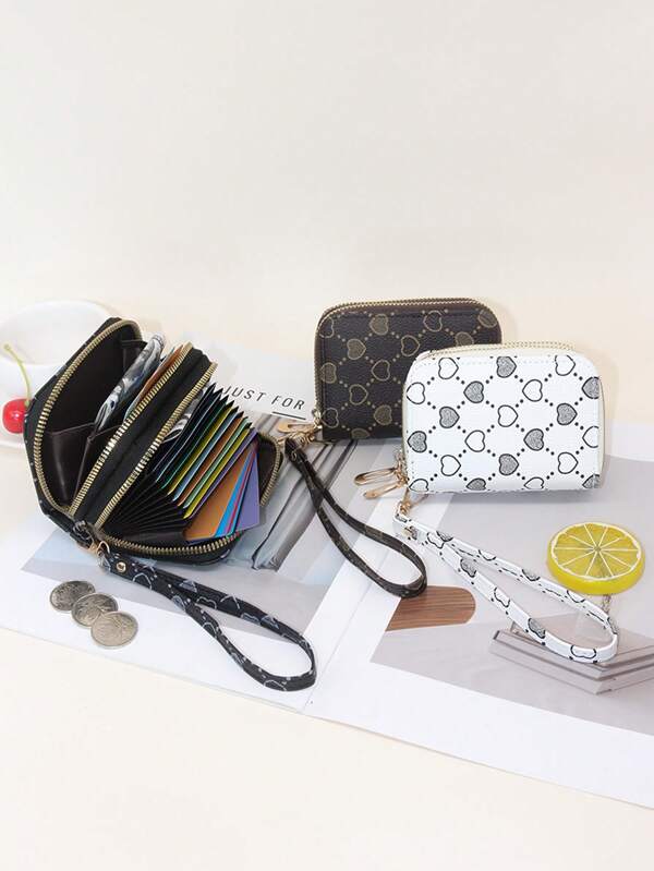 Heart Shaped Print Large Capacity Card Slot Dual-Ring Handles Coin Purse For Women Money Wallet Mini Wallet Purse Wallet Wristlet Wallet Coin Wallet