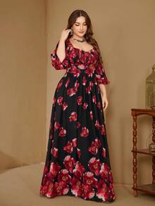 Plus Size Floral Print Lantern Sleeve Chiffon Elegant Midi Dress - Black - View 6
