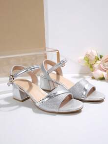 1 Pair Girls/Teens' Solid Color Glitter Strap Buckle Round Toe 5cm Chunky Heel Sandals, Fashion Casual Cute Comfortable Luxury Heels Suitable For 15+ Years Old, Party, Campus, Holiday, Beach, Spring/Summer - Silver - View 3