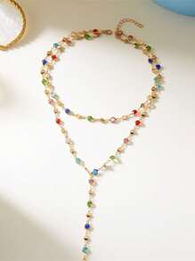 1pc Fashionable Personalized Multi-Color Zirconia Oval Metal Chain Y-Necklace, Suitable For Travel, Dating, Party And Daily Wear (Chain & Stone Color Are Random)