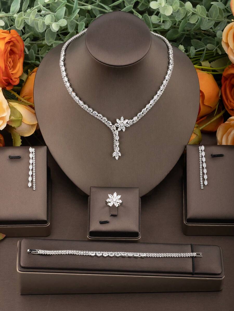 1 Set Elegant Cubic Zirconia Flower Design Jewelry Set Suitable For Women Wedding Party Wear, Including 1 Pair Earrings, 1 Necklace, 1 Bracelet, 1 Ring, No Gift Box Included