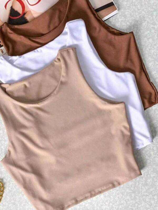 Kit 3 Cropped Regata Feminino Liso Suplex Com Forro