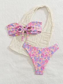 性感欧美图案印花比基尼，撞色条纹波西米亚结边 - 粉色 - 查看 2