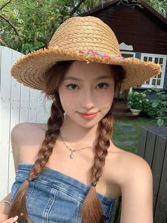 1pc Unisex Straw Sun Hat With Colorful Fringes, Elegant And Fashion, Versatile For Spring/Summer, Suitable For Beach, Travel, Park, Y2K Style Party