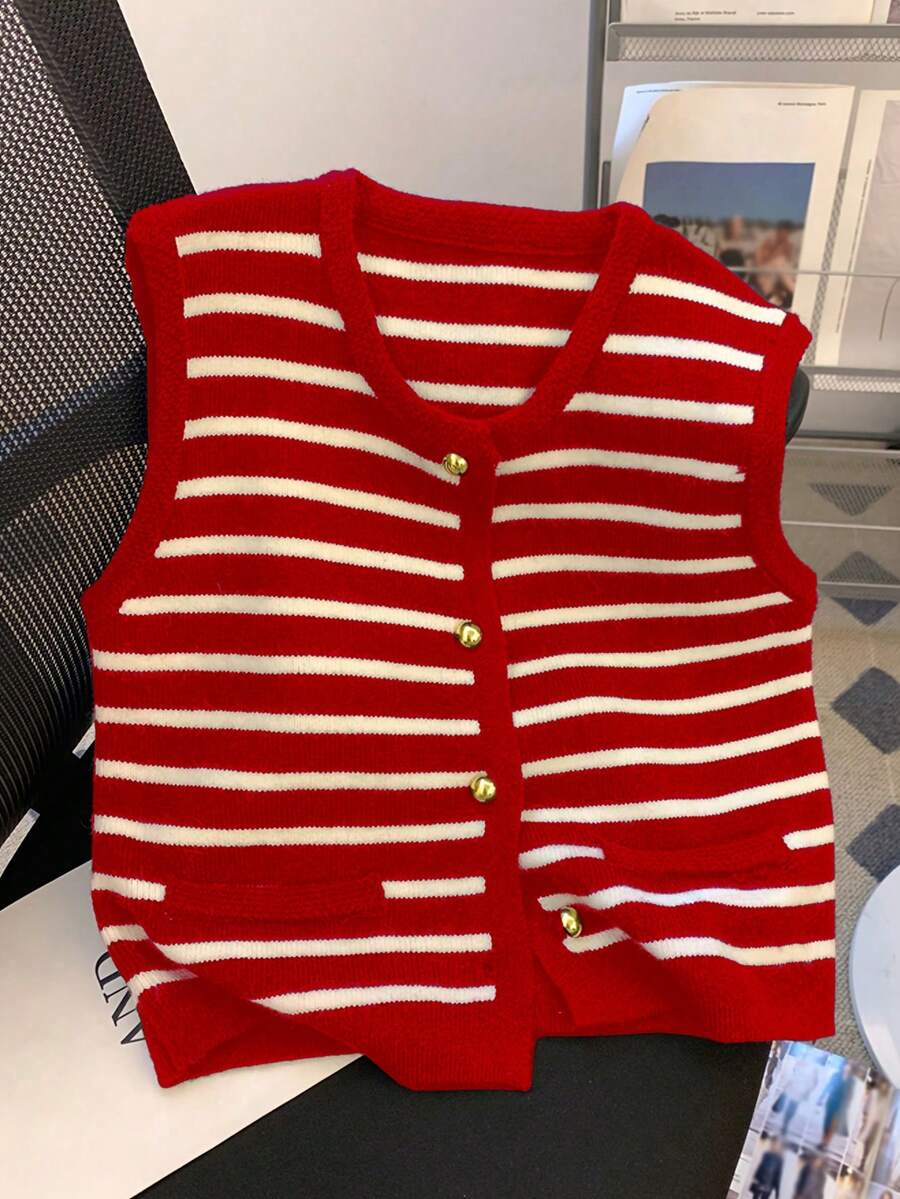 新款女式无袖条纹金属纽扣背心，百搭休闲针织开衫毛衣背心，适合春夏季 - 紅色 - 查看 1