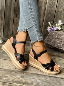 Sandali con zeppa e piattaforma nuovi per l'estate da donna, ciabatte nere alla moda e versatili, sandali estivi con tacco alto casual e stilosi, scarpe estive da donna - nero - Visualizzare 7