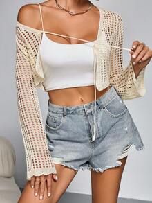 Plus Size Solid Color Short Hollow Out Knitted Cardigan - Apricot - View 4