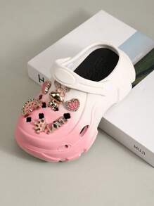 1 par de sandalias gruesas con base de EVA impermeable y antideslizante, con decoración de conejo bañada en oro, puntera redonda y degradado de color rosa y blanco, apropiadas para el verano, para niñas