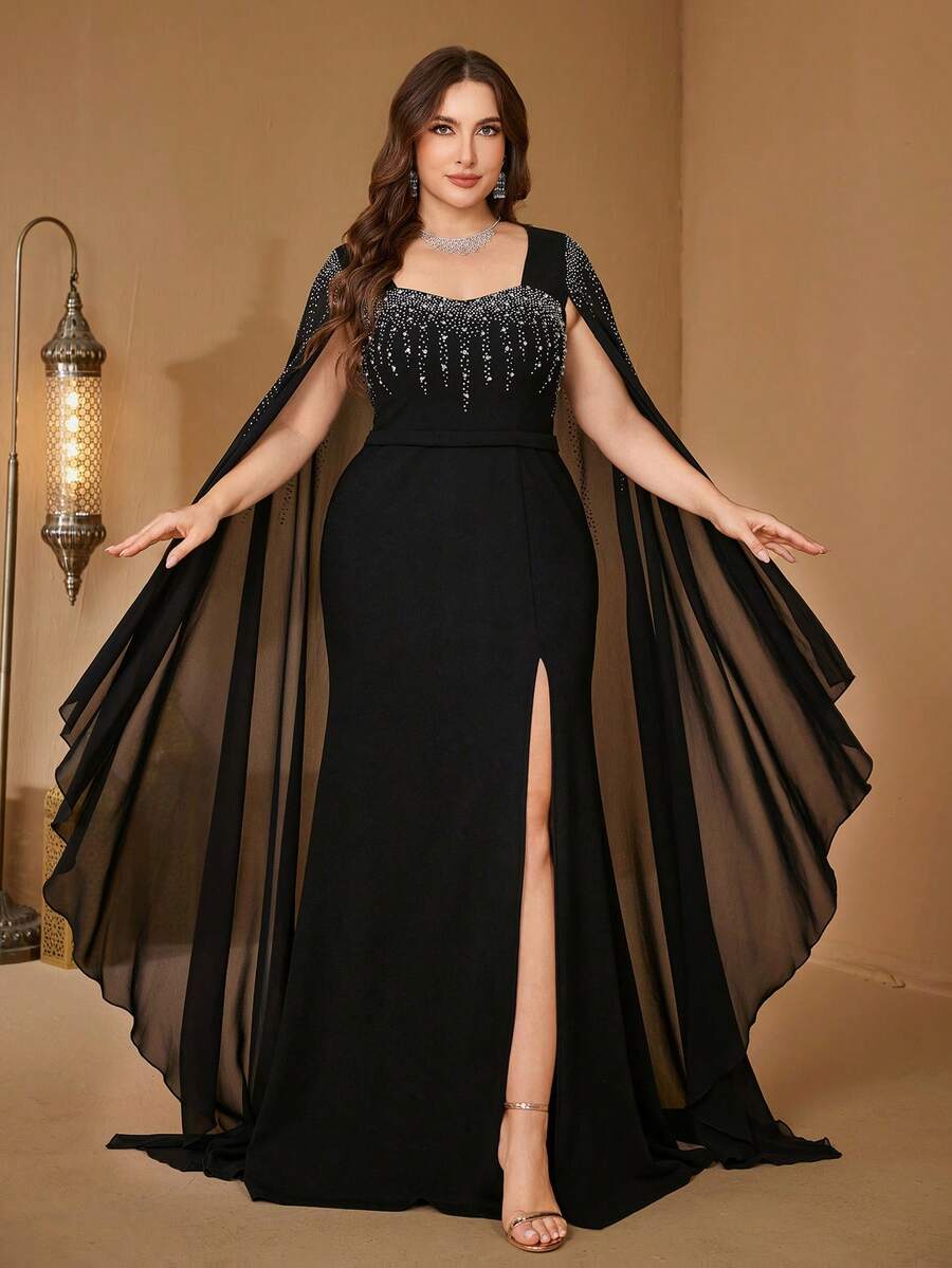 UNITHORSE Plus 女式方领飘逸连衣袖重工烫钻亮钻装饰粗麻布开衩长款优雅修身晚礼服 - 黑色 - 查看 1