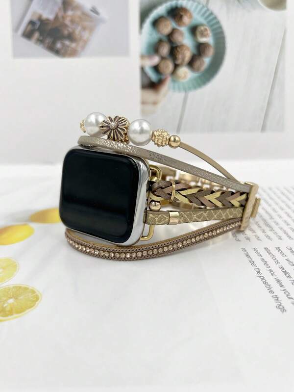1 pièce Bracelet de montre multi-brins en cuir PU avec fleurs et perles, longueur réglable compatible avec les montres de 38/40/41/42/44/45/49 mm pour Ultra/SE/9/8/7/6/5/4/3/SE