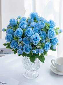 2Pcs/1Pc/Bunch Artificial Roses Flowers 13" Plastic Eucalyptus Bouquet Autumn Decorations Blue Artificial Flower Fake Plants Valentine's Day Vase For Home Wedding Decor Outdoor Garden Wedding Bouquet Living Room DIY Garland Household Products