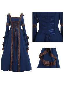 European And American Popular Women's Medieval Retro Court Style Hooded Dress With Square Collar And Flared Sleeves, Large Swing Skirt
