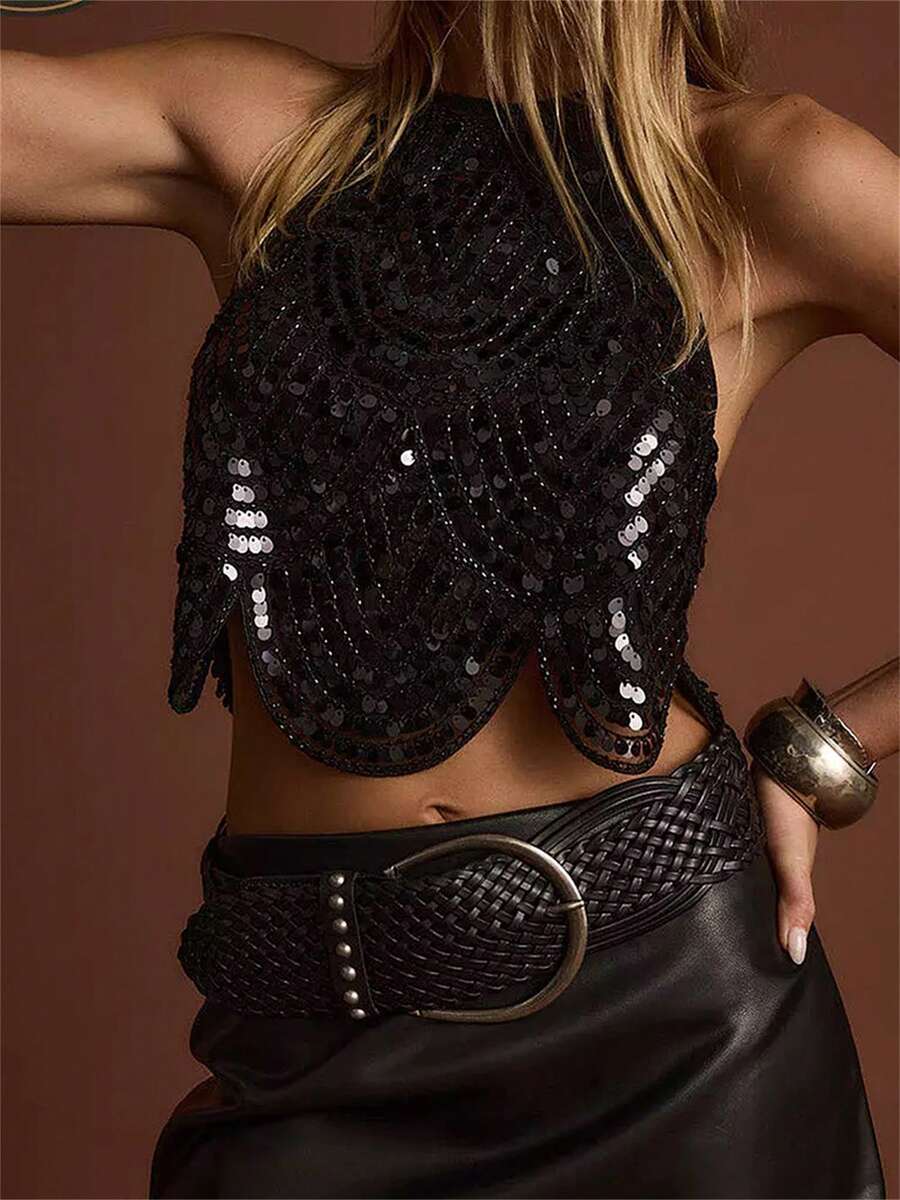 Womens Halter Sequin Tank Top Backless Tie Up Sparkly Crop Top Sleeveless Glitter Party Tops Clubwear - 黑色 - 查看 1