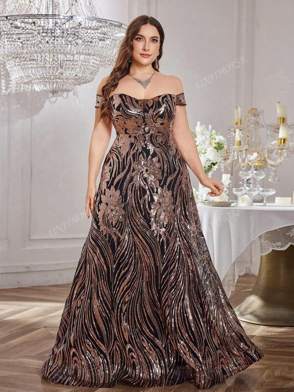[Patrón floral aleatorio] Vestido con hombros descubiertos y espalda descubierta para mujer talla grande, con espalda ajustable con lazo, estampado floral completo brillante, elegante vestido de fiesta para eventos