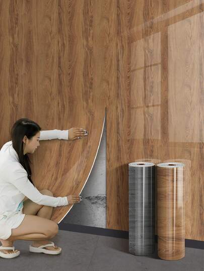 1卷2.4毫米厚木纹即剥即贴墙板，15.74英寸 x 118.1英寸/40*300厘米光面PVC泡沫防溅瓷砖卷，适用于厨房浴室台面的防水防潮自粘墙纸，防撞家居装饰（棕色、灰色木纹）