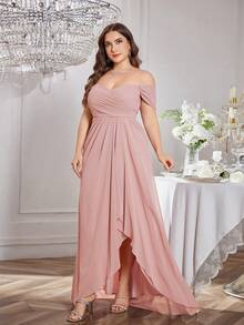 Plus Size Women Solid Color Chiffon Ruffle Crossed Waist Asymmetrical Hem Elegant Bridesmaid Dress - Dusty Pink - View 3