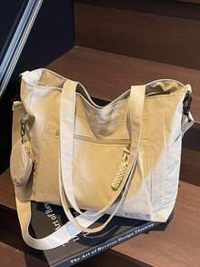 Large Capacity Unisex Tote Bag With Coin Purse 1pc New Korean Style College Style Middle School Student Schoolbag Casual Bag Crossbody Shoulder Bag Canvas Bag Slant Cross Bag, Women Bag With Dime Bag, School Bag For Shopping, Holiday, Fashionable Tote Bag With Zipper, Large School Tote Bag, Multiple Compartments, Perfect For Beach, School, Work & Daily Use - Light Khaki - View 10