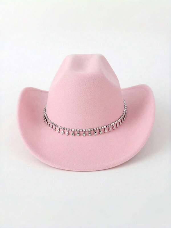 1 pieza Sombrero de vaquera para mujer con decoración de diamantes de imitación en forma de lágrima de unicolor, adecuado para eventos de viaje y fiesta, sombrero de Derby pequeño casual para uso diario