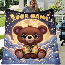 1 件定制名字熊夜图案超柔软舒适高清法兰绒数码印花毛毯，非常适合卧室、客厅、沙发、办公室、旅行或作为礼物 - 彩色 - 查看 2