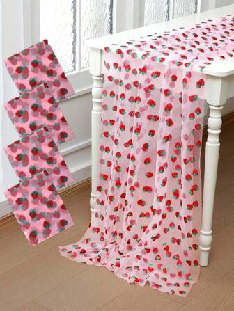 1/2pcs Strawberry Print Table Runner/Runner, Restaurant/Kitchen Tabletop Decor, Gauze Fabric, Suitable For Family Gathering, Bridal Wedding, Birthday Party, Strawberry-Themed Party Decoration