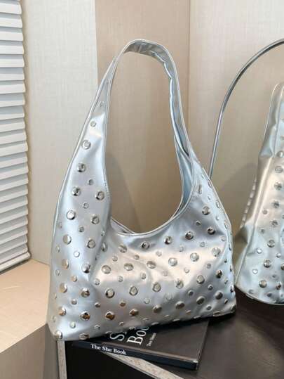Nuova borsa shopper da donna grande capacità per primavera/estate, in colore unito, pelle PU con decorazione a rivetto, stile motociclistico, forma a mezzaluna con colletto bianco stile business, borsa a tracolla casual alla moda, regalo per la festa della mamma, insegnanti, ufficio, durevole e multifunzionale con cerniera, ampia capacità per i viaggi
