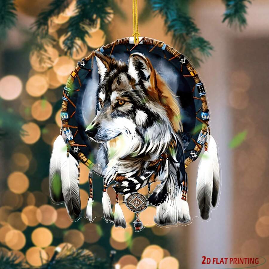 2D Wolf Totem Traumfänger für Autos, Sommersonnenwende mysteriöse Hängedekoration - Vatertags Auto Geschenk, Road Trip Talisman, moderner bohemischer Acryl Anhänger, ganzjährig verwendbar (ohne Federn)