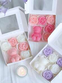 4pcs/2pcs/1pc New Rose Flower Wax Candles (3.93in) / Creative Bear Aroma Candles (2.55in), Smokeless Candles/Gift, Decorations, Gifts, Birthday Candles, Birthday Decoration, Suitable For Home Living Room/Bedroom/Kitchen/Dining Table Candle Decor, Gifts For Women, Father's Day/Birthday/Graduation/Party Holiday Decoration Candles, Easter, Candle, Autumn, Scented Candles, Wedding Decor, Pink Candles, Wedding, Bedroom Decor, Room Decor, Home Decor - Multicolor - View 4