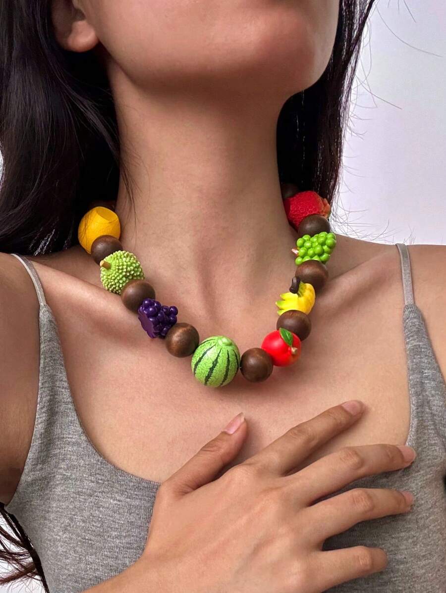 1pc Summer New Dopamine Fresh Fruit Beaded Necklace, Sweet & Hot Girl Style Daily, Vacation, Party Accessory, Colorful Embellishment