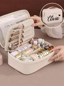 1pc Personalized Cosmetic Storage Bag With 26 Letter Pattern & Customizable Text, Large Capacity, Premium Makeup Organizer, Niche Design, Versatile, Practical, Minimalist, Vacation Atmosphere, Birthday Gift