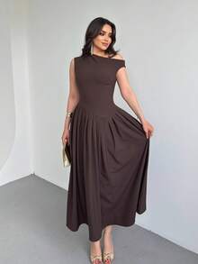 优雅女士方领荷叶边裙装，优雅性感派对针织面料荷叶边饰鸡尾酒会礼服，适合晚间约会、节日、婚礼、日常、生日派对、正式晚宴、迎婴派对、拍照、单身派对 - 棕色 - 查看 5