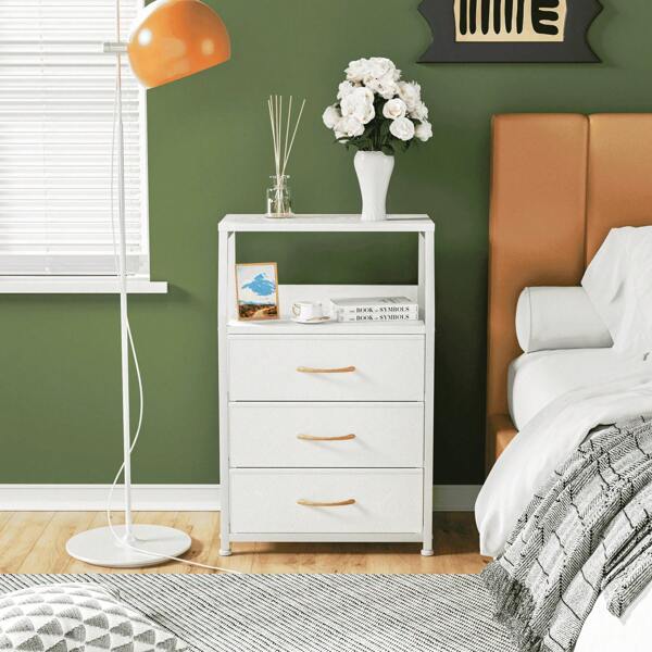 Nightstand Bedside Table, 3 Drawer Dresser Bedroom Furniture, White, Modern Style, Adults