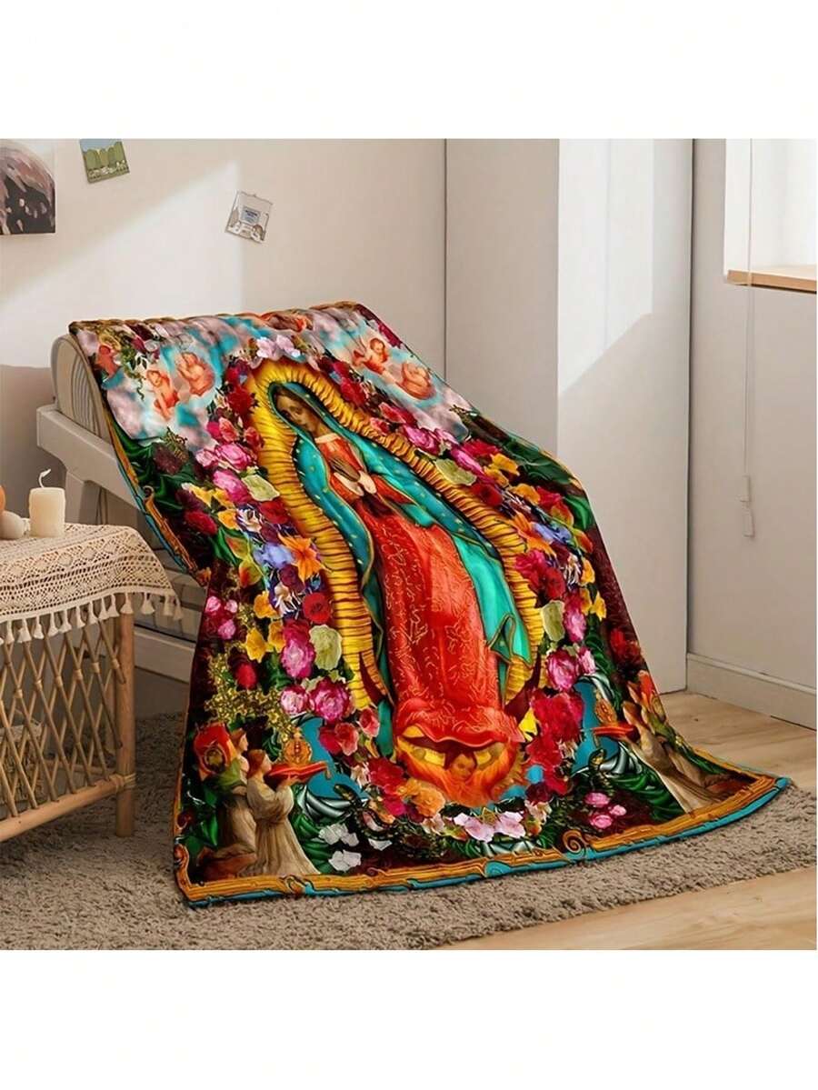 1 pieza Manta con estampado de la Virgen María, ultra suave y de felpa con estilo moderno, temática espacial para todas las estaciones, hecha de tela de punto de 100% poliéster, ligera y cálida, apta para siesta en la oficina, coche, avión, viaje, campamento - Textil para el hogar acogedor, sofá, ropa de cama