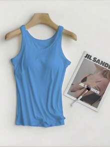 2 件套女式纯色简约打底衫，舒适带衬垫运动背心，适合健身 - 彩色 - 查看 3