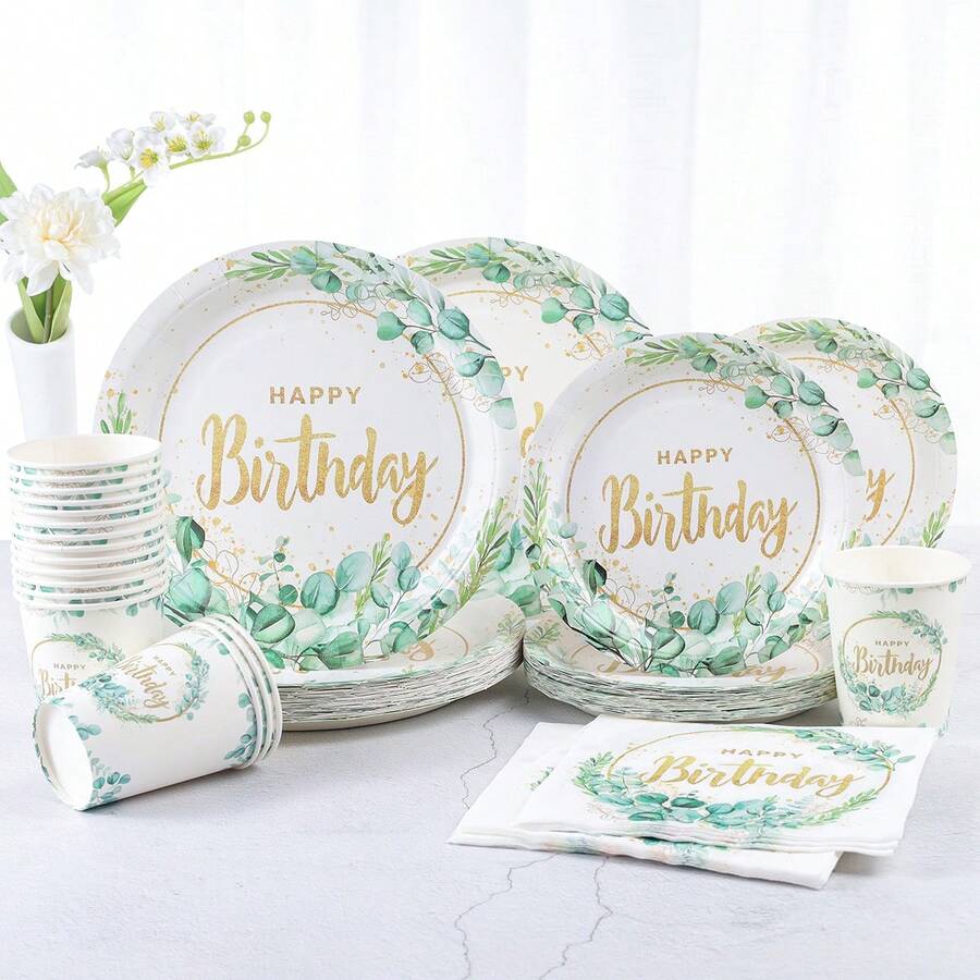 Green Botanical "Happy Birthday" Disposable Plates & Napkins, 7/9 Inch Botanical Happy Birthday Disposable Plates & Napkins & Cups Set, Botanical Disposable Paper Plate & Napkins For Birthday Party, Picnic, Gathering Decor - Multicolor - View 1
