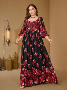 Plus Size Floral Print Lantern Sleeve Chiffon Elegant Midi Dress - Black - View 4