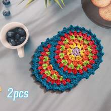 2/7 Peças Porta-copos de Crochê Feitos à Mão Boêmios, Rendas Redondas Multicoloridas, Jogos Americanos Vazados Resistentes ao Calor, Descansos de Copo e Garrafa de Crochê para Festas, Casamentos, Reuniões de Mesa, Melhor Presente