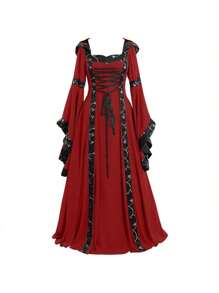European And American Popular Women's Medieval Retro Court Style Hooded Dress With Square Collar And Flared Sleeves, Large Swing Skirt