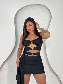 Short Star Dress Tight Fit Party Club Elegant - Negro - Ver 2