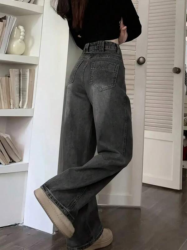 Women's Korean Style Unique Design Black And Gray Denim Wide-Leg Pants